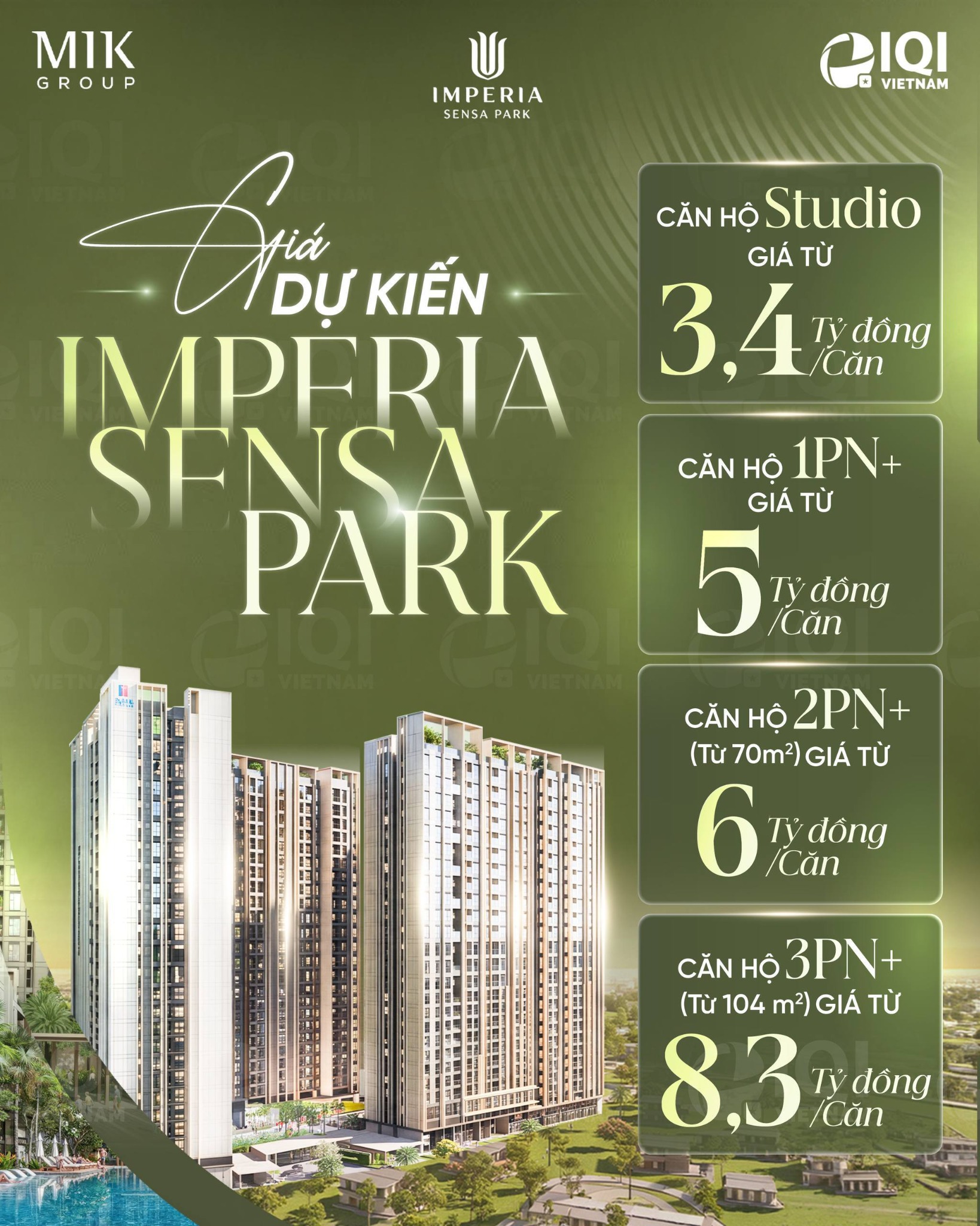 Giá dự kiến Imperia Sensa Park: Studio từ 3,4 tỷ; 1PN+ từ 5 tỷ; 2PN+ từ 70 m² từ 6 tỷ; 3PN+ từ 104 m² từ 8,3 tỷ đồng/căn